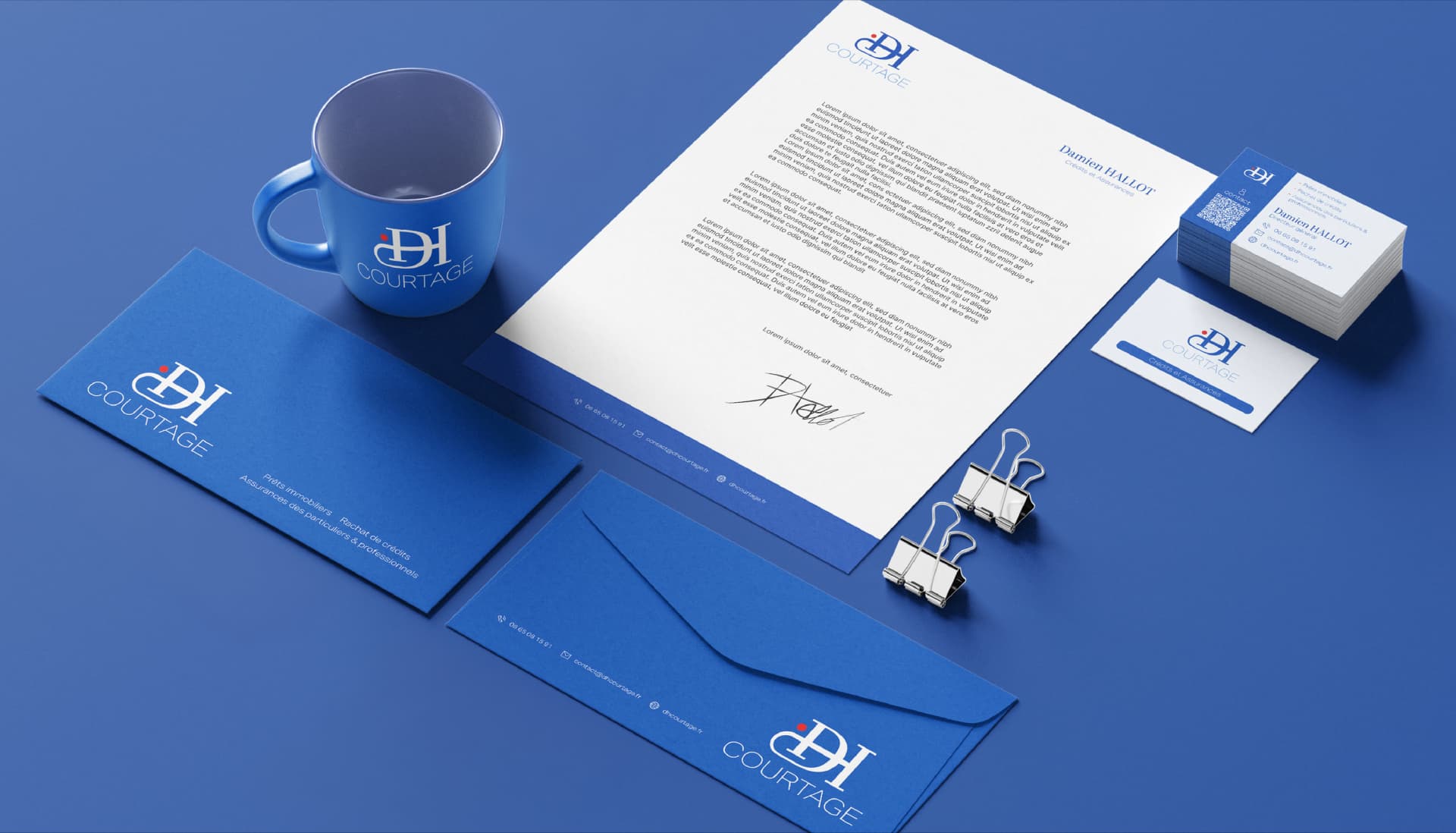 Papeterie complète DH Courtage — Enveloppe, en-tête, carte de visite, mug