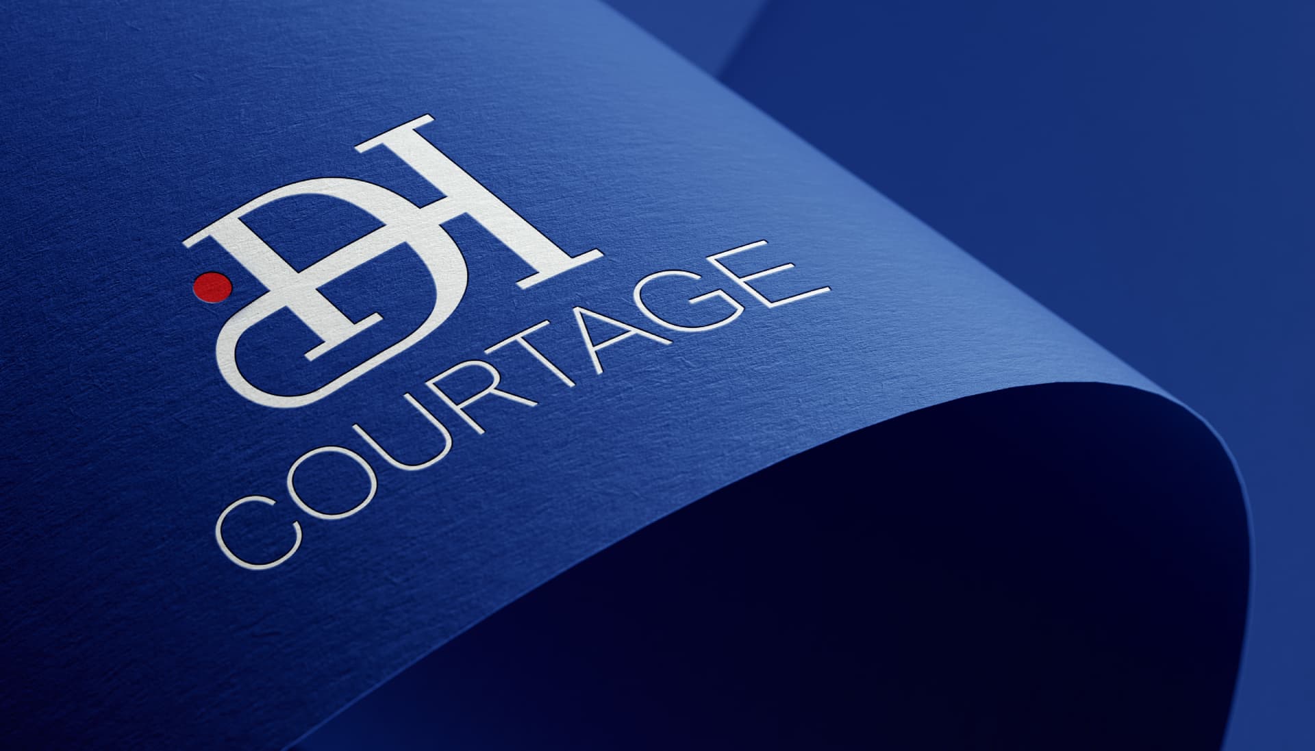 DH Courtage — Logo sur papier texturé bleu cobalt