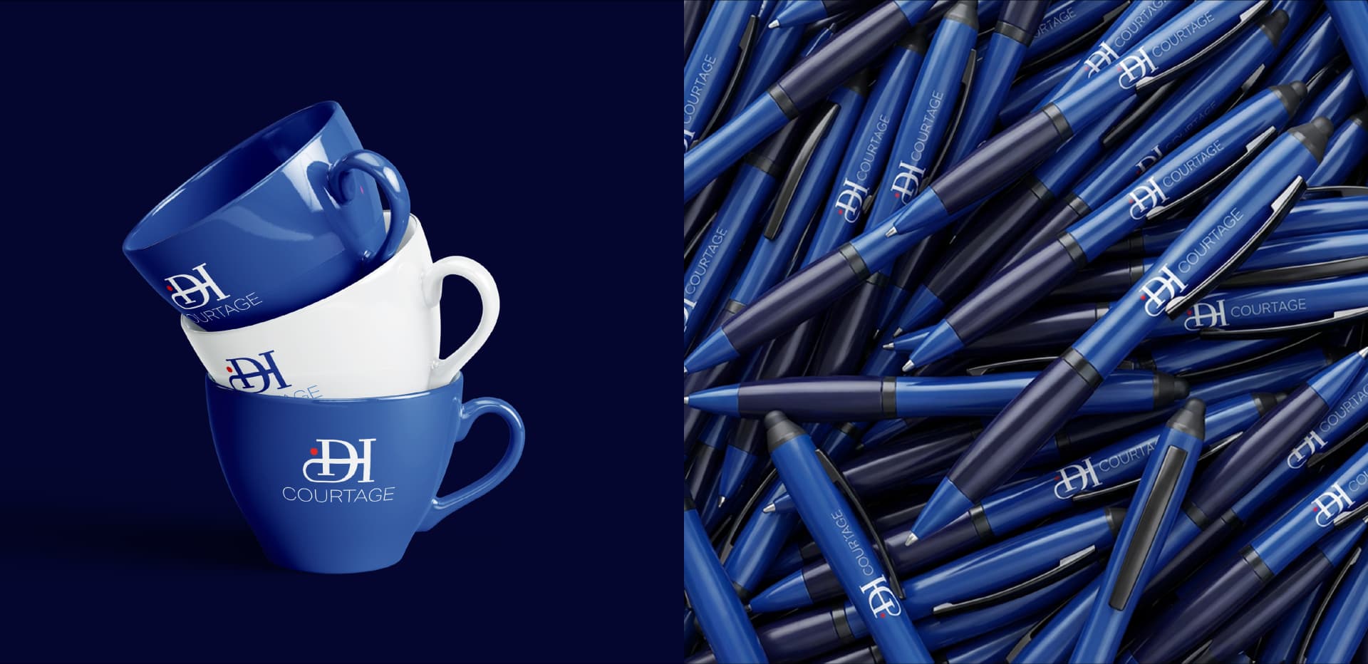 Supports de communication DH Courtage — Mugs et stylos