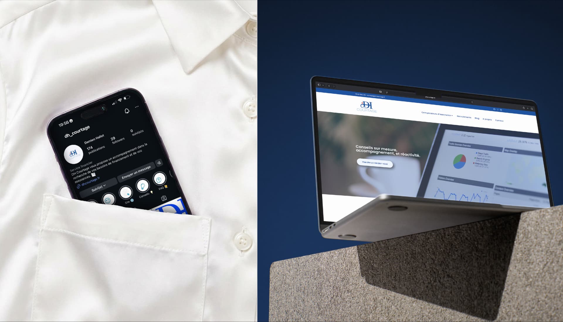 Site web et réseaux sociaux DH Courtage — Mobile et desktop